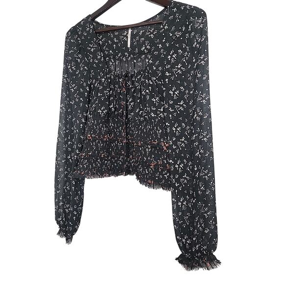 Free People Lolita Womens Long Sleeve Shirt Large Peasant Ruffle Black Floral - Picture 5 of 8